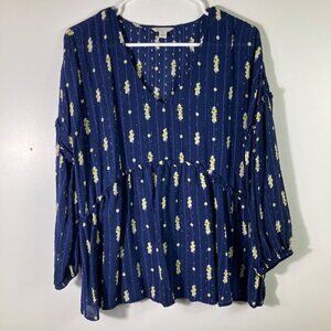 Womens C Boho Embroidered Tunic Navy Floral 3/4 Sleeve L